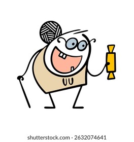 Cartoon happy old woman holds a sweet big candy in her hand. Vector illustration of an elderly lady with glasses and gray hair without teeth delighted with a sweet unhealthy dessert.
