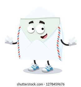 cartoon happy open envelope with a message inside mascot smiling on white background