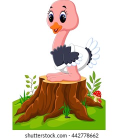 Cartoon happy ostrich sitting on tree stump
