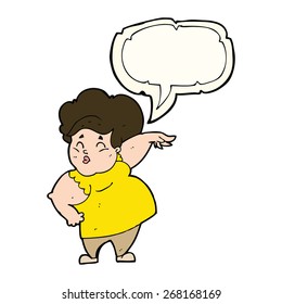cartoon happy overweight lady with speech bubble