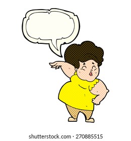 cartoon happy overweight lady with speech bubble