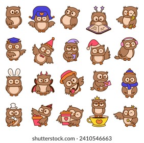 Cartoon happy owl characters. Cute kawaii forest birds. Hand drawn style. Vector drawing. Collection of design elements.