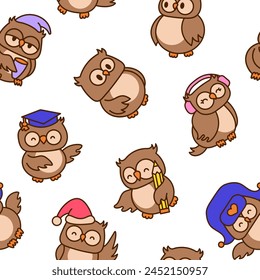 Cartoon happy owl characters. Seamless pattern. Cute kawaii forest birds. Hand drawn style. Vector drawing. Design ornaments.