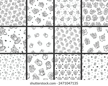 Cartoon happy owl characters. Seamless pattern. Coloring Page. Cute kawaii forest birds. Hand drawn style. Vector drawing. Collection of design ornaments.