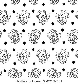 Cartoon happy owl characters. Seamless pattern. Coloring Page. Cute kawaii forest birds. Hand drawn style. Vector drawing. Design ornaments.