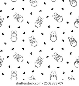 Cartoon happy owl characters. Seamless pattern. Coloring Page. Cute kawaii forest birds. Hand drawn style. Vector drawing. Design ornaments.