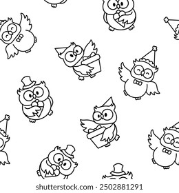 Cartoon happy owl characters. Seamless pattern. Coloring Page. Cute kawaii forest birds. Hand drawn style. Vector drawing. Design ornaments.