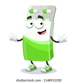 cartoon happy package box with capsules pills and blister mascot smiling on white background