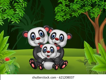 Cartoon happy panda family in the jungle