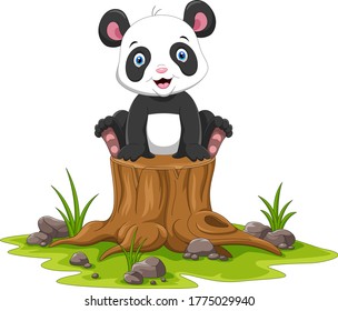 Cartoon happy panda sitting on tree stump