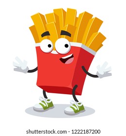 cartoon happy paper packaging french fries potatoes mascot smiling on white background