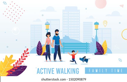 Cartoon Happy Parents and Child Walking in Park Flat Banner. Excited Boy Running after Funny Dog. Active Pastime Spending Together. Family Day Celebration. Rest on Weekend. Vector Illustration