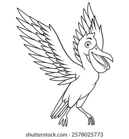 Cartoon happy pelican bird flying line art