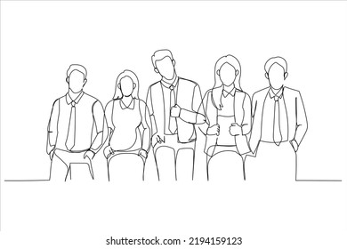 Cartoon of happy people in clothes suitable for office dress code standing. Single continuous line art style
