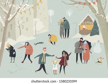 Cartoon happy people enjoying in the winter snowing street. Vacation time