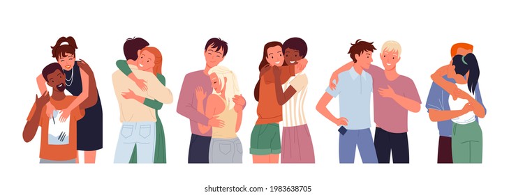 Cartoon Happy People Friends Hug, Diverse Woman Man Character Standing Together, Young Couple Of Girlfriend And Boyfriend Hugging, Love And Friendship Isolated On White.