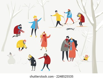 Cartoon of Happy People Playing with Snow in the Winter