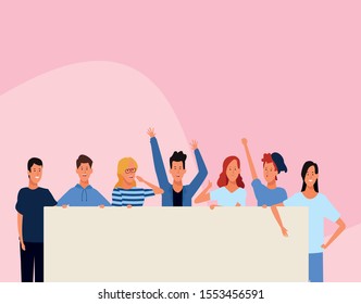 cartoon happy people protesting with blank poster over pink background, colorful design. vector illustration