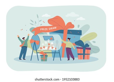 Cartoon happy people winning on prize draw. Flat vector illustration. Lucky tiny couple standing near raffle drum and giant gift boxes. Lottery, prize, luck, marketing concept