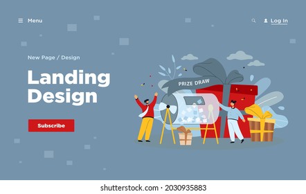 Cartoon happy people winning on prize draw. Flat vector illustration. Lucky tiny couple standing near raffle drum and giant gift boxes. Lottery, prize, luck, marketing concept