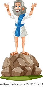 Cartoon of a happy philosopher standing on boulders