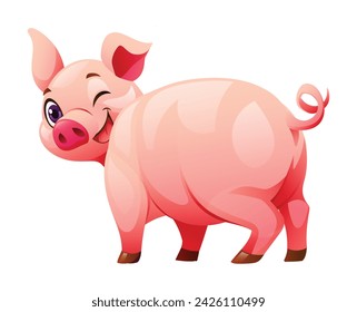 Cartoon happy pig from back view. Vector illustration isolated on white background