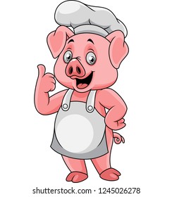 Cartoon happy pig chef giving a thumb up