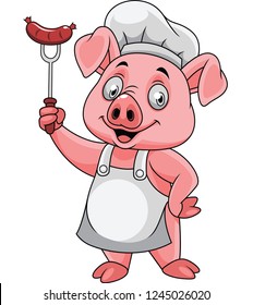 Cartoon happy pig chef holding a sausage on fork