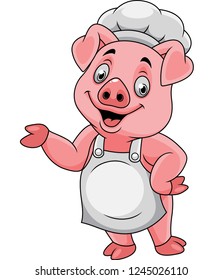 Cartoon happy pig chef presenting