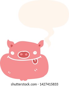 cartoon happy pig face with speech bubble in retro style