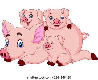 Cartoon happy pig mother with piglets