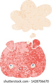 cartoon happy pig with thought bubble in grunge distressed retro textured style