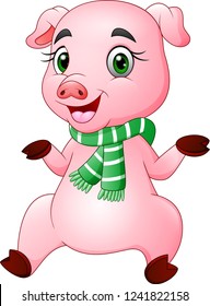 Cartoon happy pig wearing a green scarf
