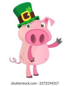 Cartoon happy pig wearing st patrick's hat with a clover. Vector illustration for Saint Patrick's Day