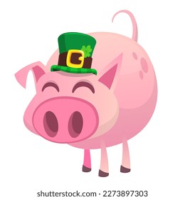 Cartoon happy pig wearing st patrick's hat with a clover. Vector illustration for Saint Patrick's Day