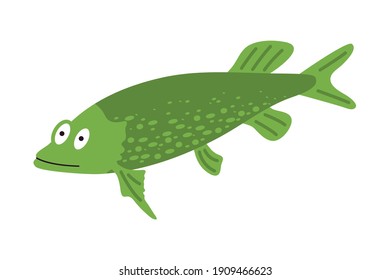 Cartoon happy pike. Vector illustration isolated on white background.