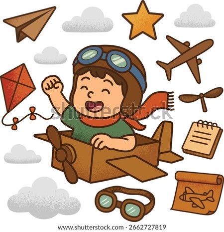 Cartoon Happy Pilot Boy Flying in A Cardboard Airplane