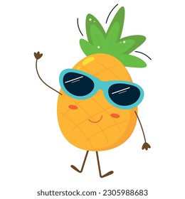 Cartoon happy pineapple with sunglasses on a white background. Cute colorful summer vector illustration. Summertime concept.