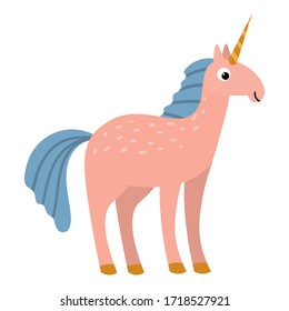 Cartoon happy pink unicorn in flat style isolated on white background. Vector illustration.   