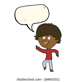 cartoon happy pointing man with speech bubble