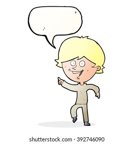 cartoon happy pointing man with speech bubble