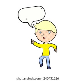 cartoon happy pointing with speech bubble