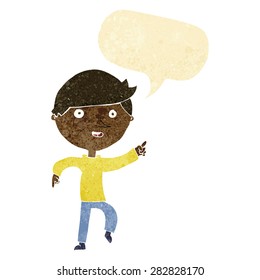 cartoon happy pointing with speech bubble