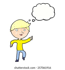 cartoon happy pointing with thought bubble