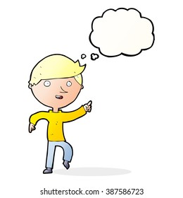 cartoon happy pointing with thought bubble