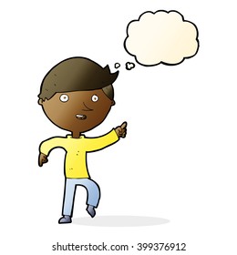 cartoon happy pointing with thought bubble