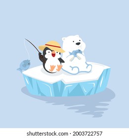 Cartoon happy polar bear with penguin sit on ice floe