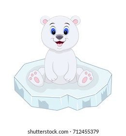 Cartoon happy polar bear sitting on an ice floe. Vector illustration isolated on white background