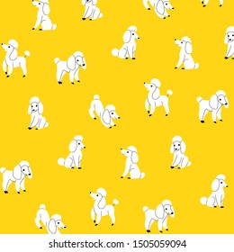 Cartoon happy poodle - simple trendy pattern with white dogs on yellow background. Flat vector illustration for prints, clothing, packaging and postcards. 