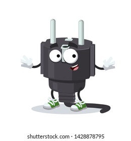 cartoon happy power plug type E mascot smiling on white background